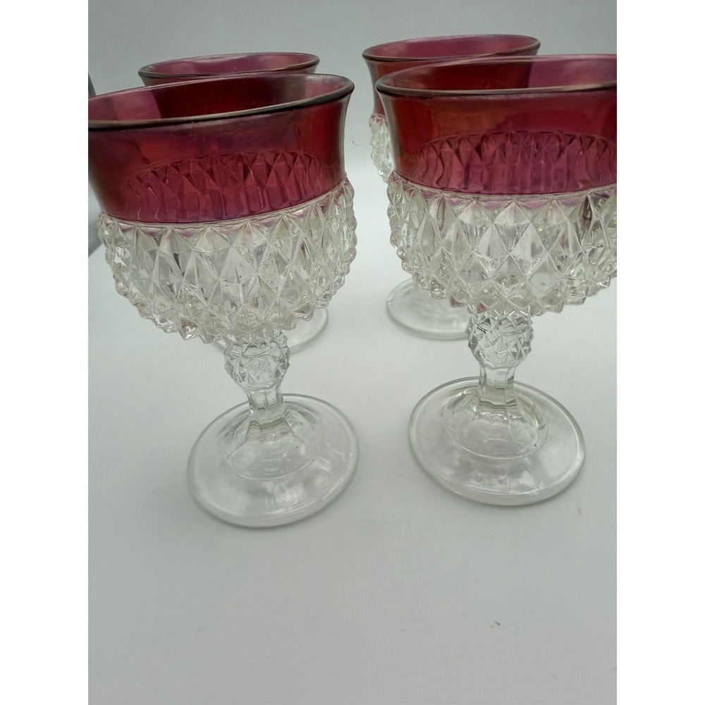 Set Of 4 Vintage Indiana Glass Ruby Flashed Diamond Point Glasses 5.5 - Picture 5 of 8